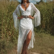 Ursime Western Lace Deep V Neck Fringe Hem Maxi Dress