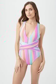 WOMEN'S SOL STRIPE WRAP FRONT PLUNGE ONE PIECE SWIMSUIT