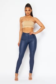 Super High Waisted Faux Leather Stretchy Skinny Jeans - Navy Blue