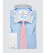 Non-Iron Blue & White Dogtooth Classic Shirt With White Collar and Double Cuff