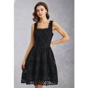 Geometric Eyelet Embroidered Square Neck Sleeveless Dress in Black