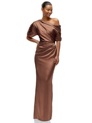 Asymmetrical Off-the-Shoulder Pleated Satin Maxi Dress