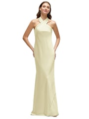 Pleated Halter Bias Satin Maxi Dress with Self-Tie Bow Back