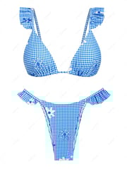 Gingham Floral Print Ruffles Trim Triangle Bikini Set