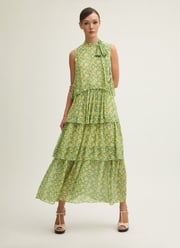 Kristin Italian Straw Multi Blossom Print Tiered Georgette Dress