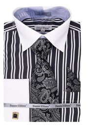 Men's White Collar & French Cuff Double Stripe Dress Shirt in Black