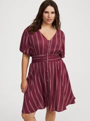 Mini Bubble-Sleeve Button-Up Dress