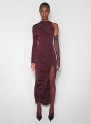 burgundy asymmetrical pierced ruched dress