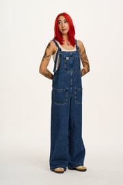 Ali - Baggy Waffle Cotton Dungarees in Blue Mist