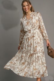 Umgee Lurex Fabric Floral Print Midi Dress in Brown