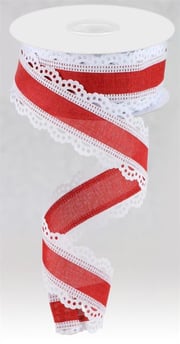 1.5" x 10yd Scalloped Edge Linen Ribbon - Red/White