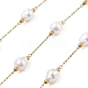 Ion Plating(IP) 304 Stainless Steel Paperclip Chains, Soldered, with ABS Imitation Pearl Beads, Oval, Real 18K Gold Plated, 7.5x6.5mm, about 16.40 Feet(5m)/Roll