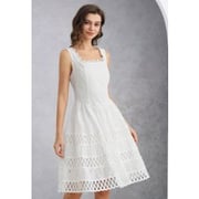 Geometric Eyelet Embroidered Square Neck Sleeveless Dress in White