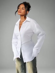 MISSGUIDED Classic White Button Down Blouse With Ruched Waist And Tie Cuff