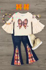Plaid Bow Distressed Denim Flare Set