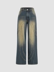 Mid Waist Washed Button Wide Leg Jeans