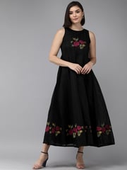 Women's Black Embroidered Chanderi Silk Maxi Dress