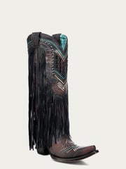 C4078 - WOMEN'S EMBROIDERY WITH LAMB FRINGE AND STUDS SNIP TOE COWBOY BOOT