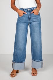 Kris Medium Wash High-Rise Cuffed Baggy Wide Leg Jeans