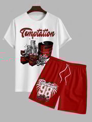 Men's Temptation Letter Money Graphic Printed Short Sleeves T-shirt and Drawstring Casual Shorts Set
