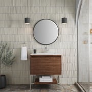 James Martin 805-V31.5-W-MB-CH Mantova 31 1/2"  Freestanding Single Bathroom Vanity in Mid Century Walnut With Base Stand Finish: Matte Black And Countertop & Sink Combo: Charcoal Black Solid Surface Vanity Top with 1 Integrated Stone Composite Sink and 1 Faucet Hole