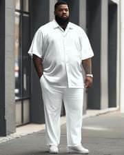 Versatile Solid Color White Big Men's Short Sleeve Shirt Trousers Set