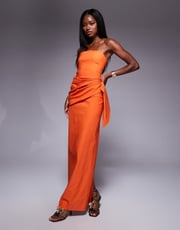 Vesper bengaline bandeau drape front detail maxi dress in orange