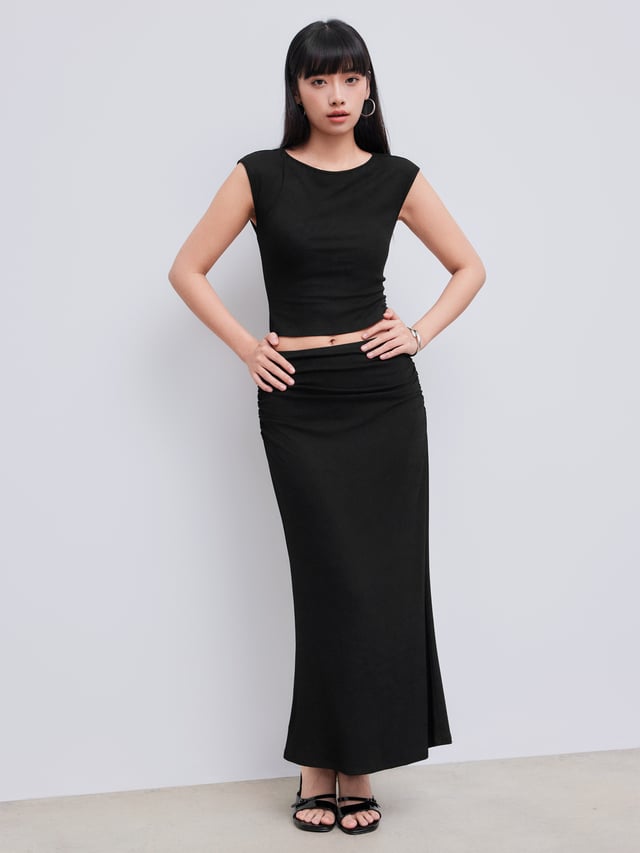 Knit Fabric Solid Tank Top & Ruched Maxi Skirt For Date