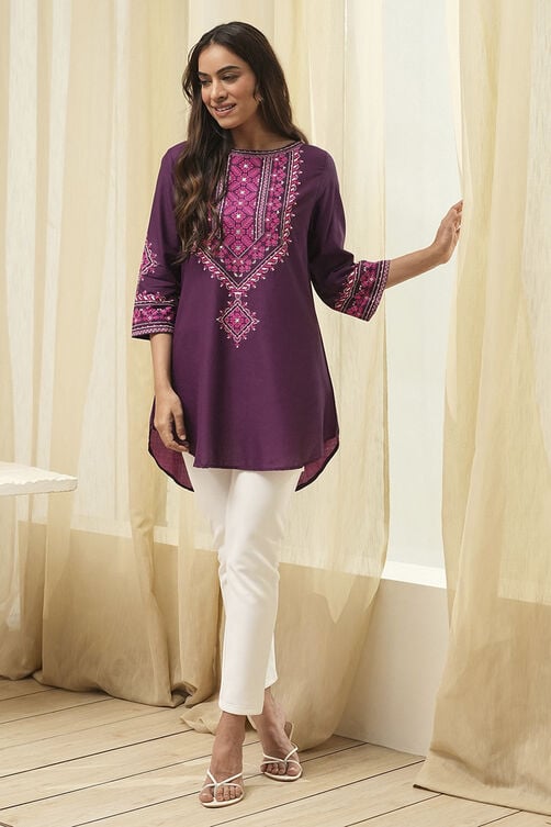 Purple Printed Straight Short Kurta