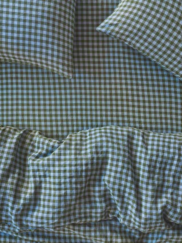 Fern Green & Dusk Blue Colour Drenched Gingham Linen Blend Pillowcases (Pair)