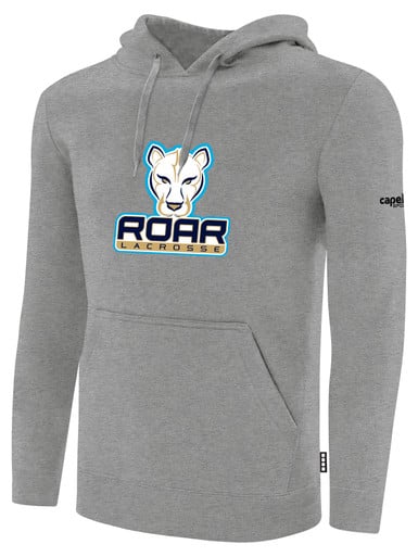 ROAR LACROSSE BASICS FLEECE PULLOVER HOODIE TEAM LOGO ON WEARER'S LEFT CHEST LIGHT HEATHER GREY BLACK