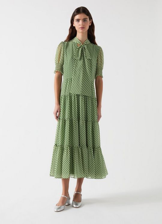 Coco Green & Birch Tie Neck Georgette Dress