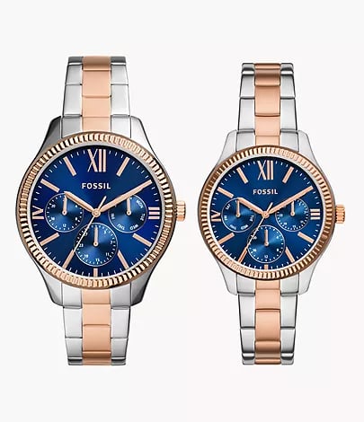 His and Hers Multifunction Two-Tone Stainless Steel Watch Set