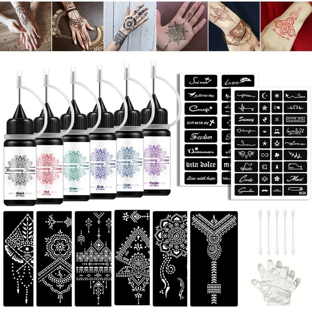 6 Colors Temporary Tattoo Ink Kit, Long-Lasting Mixed Color Temporary Tattoo Ink Gel with Reusable Stencils, Semi-permanent Ink Gel DIY Body Paint Freckles Body Art Trendy Stuff for Parties, Festivals, Holidays, Makeup for Beginners