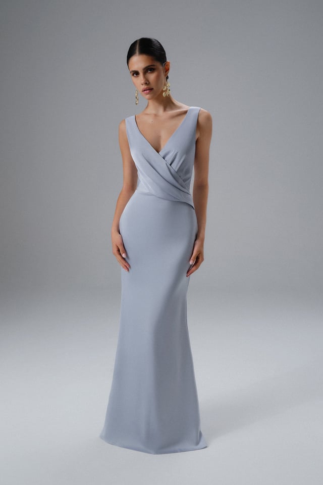 ELLE Draped Wrap Satin Maxi Dress in Blue