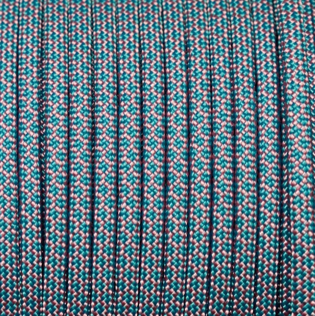 *550 Paracord Rose Pink with Neon Turquoise Diamonds Made in the USA Nylon/Nylon (100 ft)