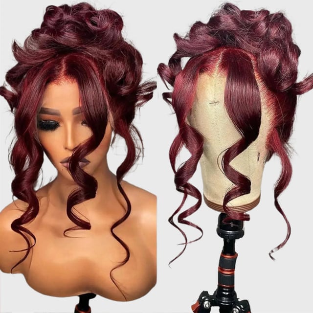 Lolly Burgundy Body Wave 360 Invisi Strap HD Lace Front Wigs Drawstring Glueless Wigs Pre Plucked 250% Density 99J Burgundy Deep Wave Lace Front Human Hair Wigs