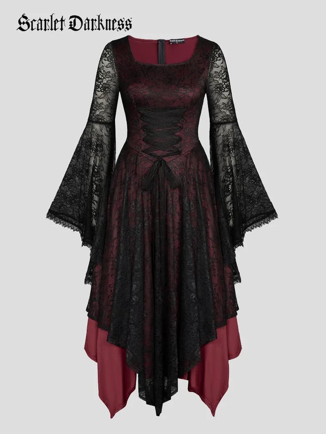 High Elastic Gothic Lace Irregular Hem Maxi Dress