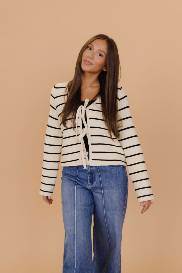 THE KARTER TIE FRONT KNIT CARDIGAN IN BLACK AND WHITE STRIPE