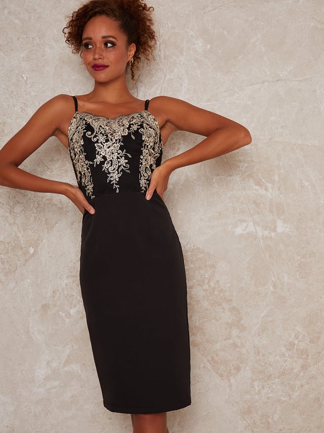 Lace Cami Bodycon Dress with Lace Detail in Black