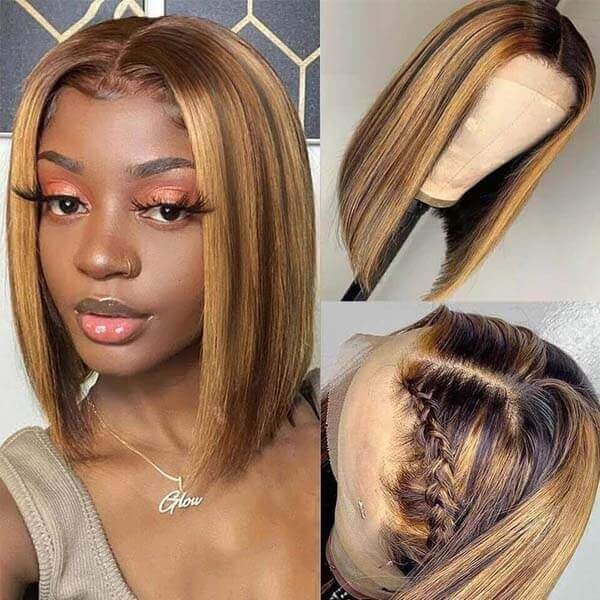 Highlight Straight Hair T Part Lace Front Bob Wig Middle Part  Human Hair Bob Wig