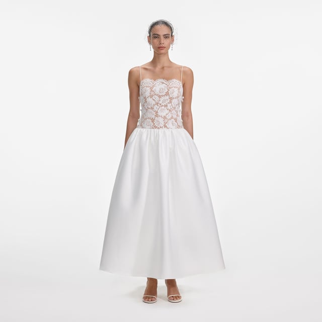 White Lace Taffeta Maxi Dress