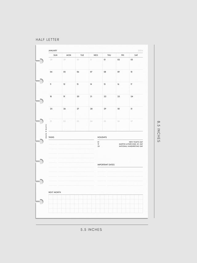2026 Dated Monthly Admin Planner Inserts | Sunday Start