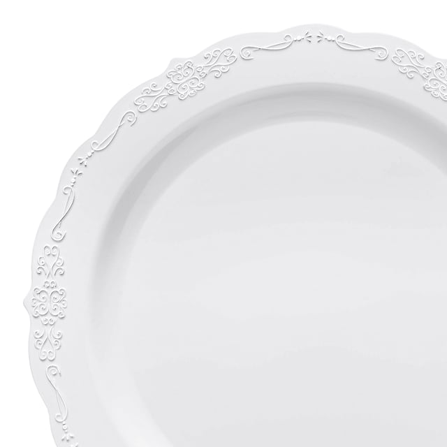 White Vintage Round Disposable Plastic Dinner Plates (10")