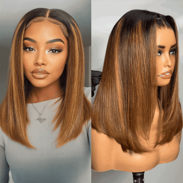 Klaiyi Honey Brown Piano Highlight Bob Wig with Dark Roots 7x5 Bye-Bye Knots Wig Flash Sale