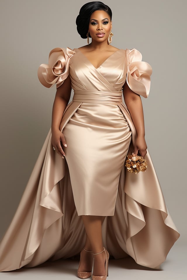 Xpluswear Design Plus Size Mother Of The Bride Champagne Short Sleeve Peplum 3D Satin Midi Dresses