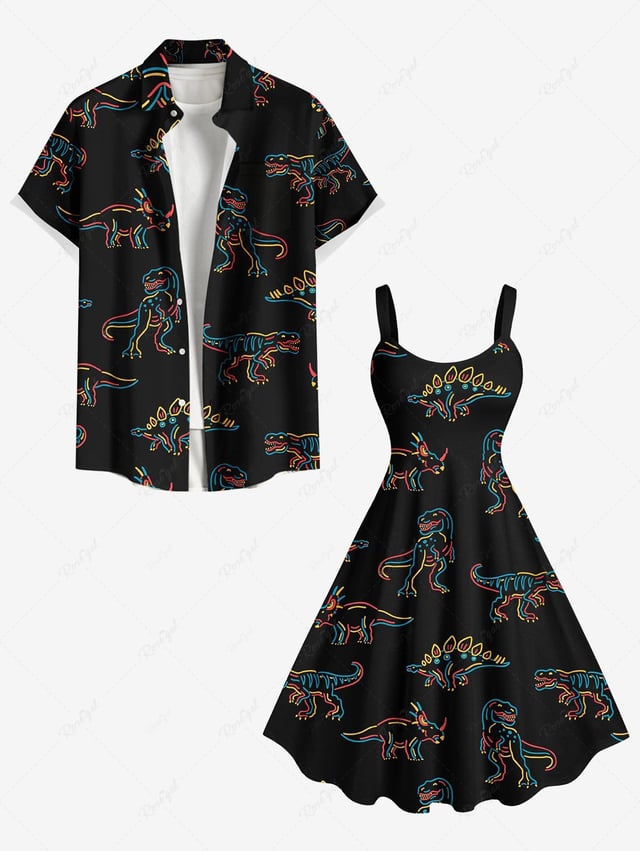 Stick Figure Dinosaur Print Plus Size Matching Hawaii Beach Outfit For Couples