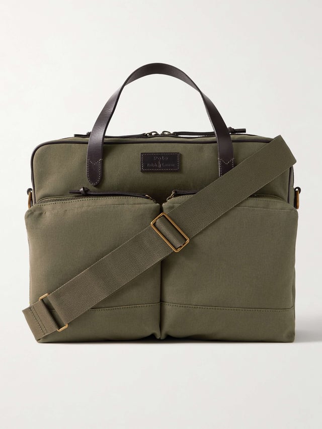 Leather-Trimmed Cotton-Canvas Messenger Bag - green - One Size