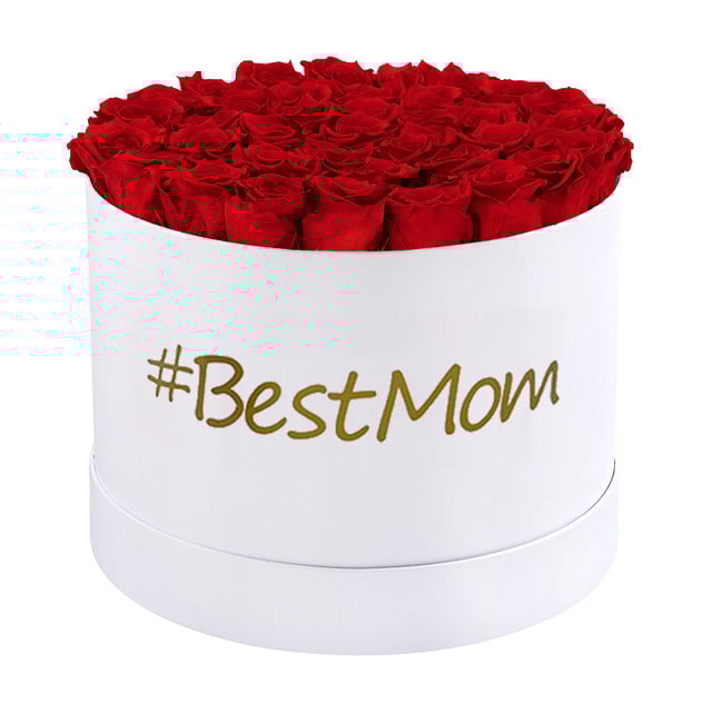 #BestMom Large Round White Box with Red Flame Roses