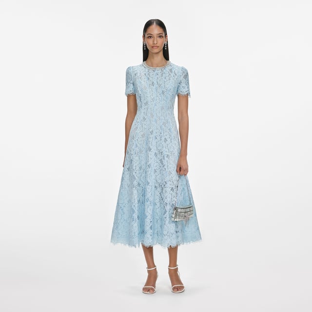 Blue Lace Embellished Midi Dress